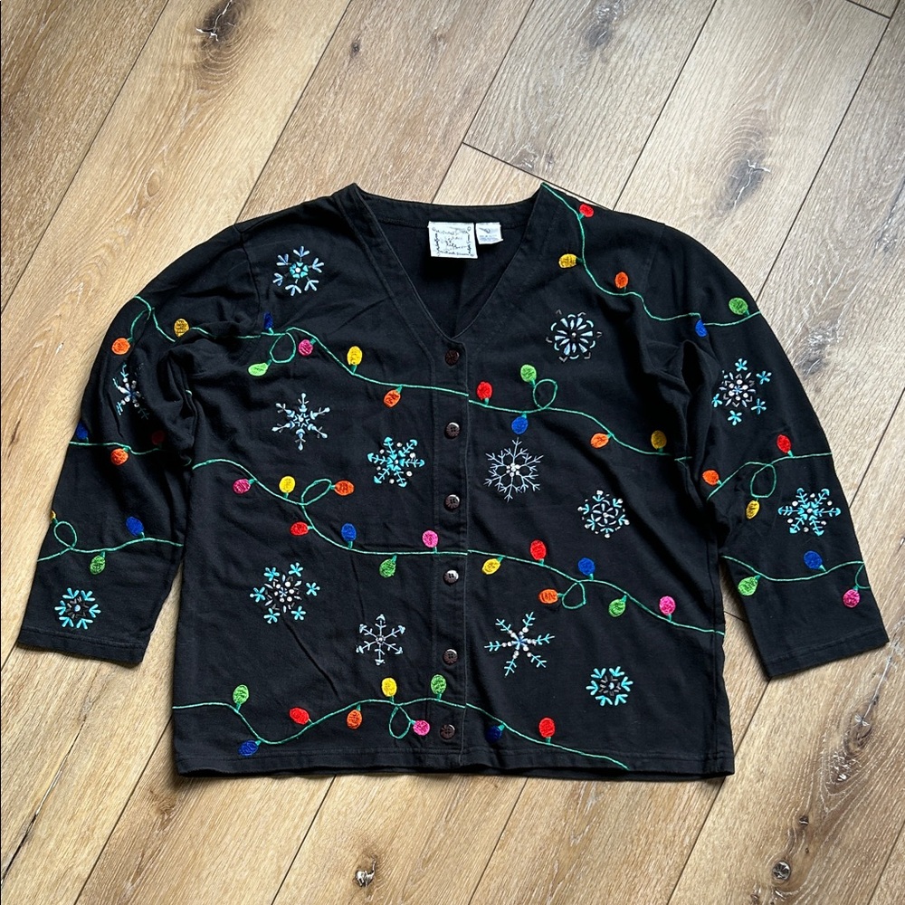 Michael Simon Cardigan Sweatshirt Embroidered Christmas Lights Bulbs Size Large